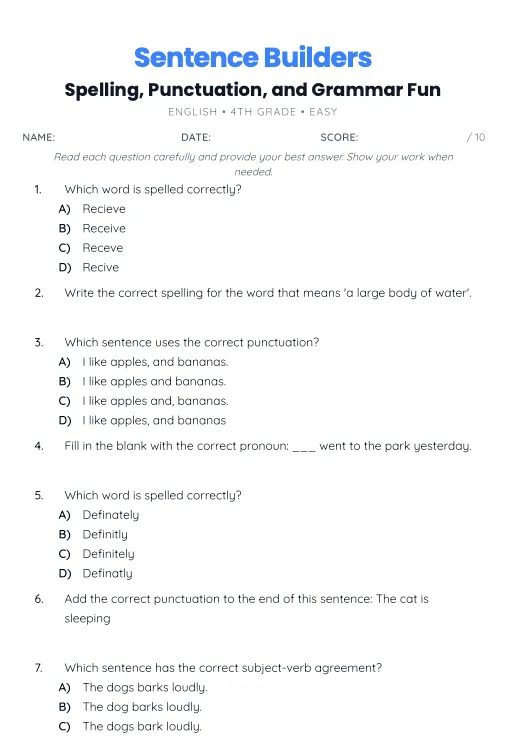 Any Grade — Any Subject Worksheets example 2