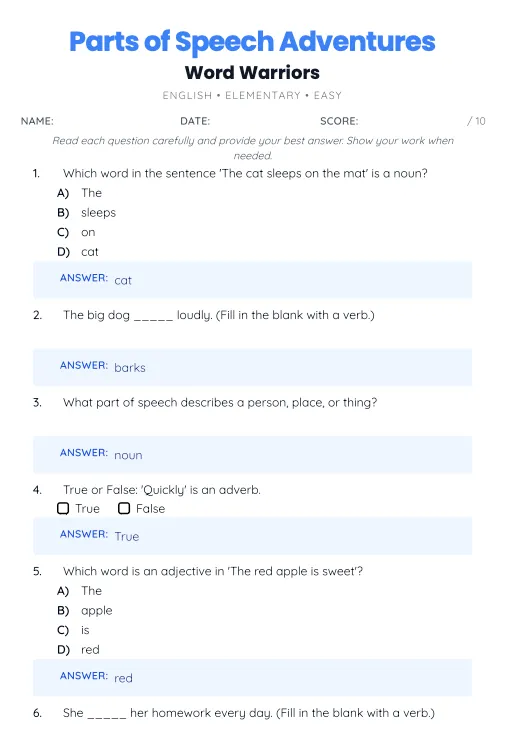 English worksheet with answer key from AI worksheet generator - parts of speech practice with solutions