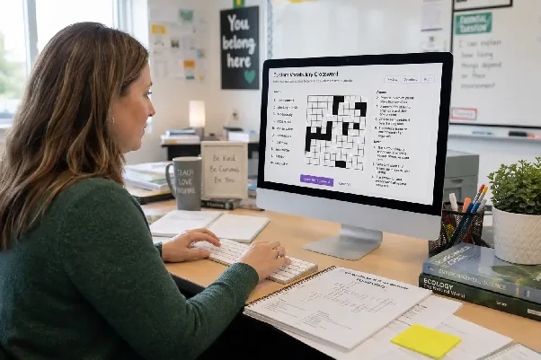 The Brainator AI Crossword Generator interface showing a topic input field and a generated classroom crossword puzzle
