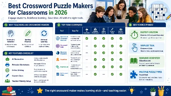 A side-by-side comparison of classroom crossword maker tools highlighting AI features, printable output, and ease of use