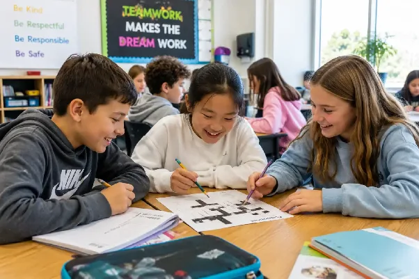 A teacher using an AI-powered crossword generator on a laptop to create a printable classroom worksheet