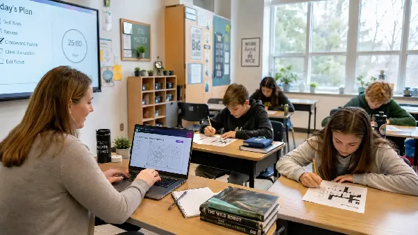 A bright classroom scene with students working on printed crossword puzzles at their desks while a teacher hands out worksheets