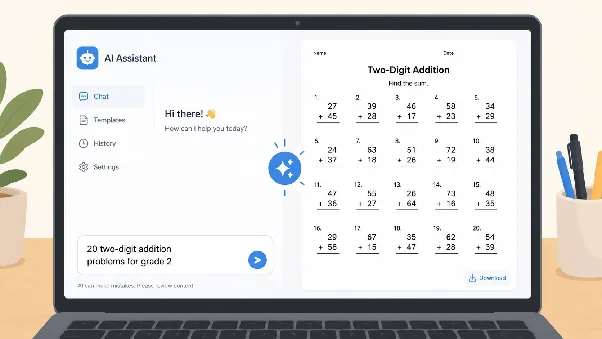Brainator's AI worksheet generator turning a plain-text prompt into a printable worksheet