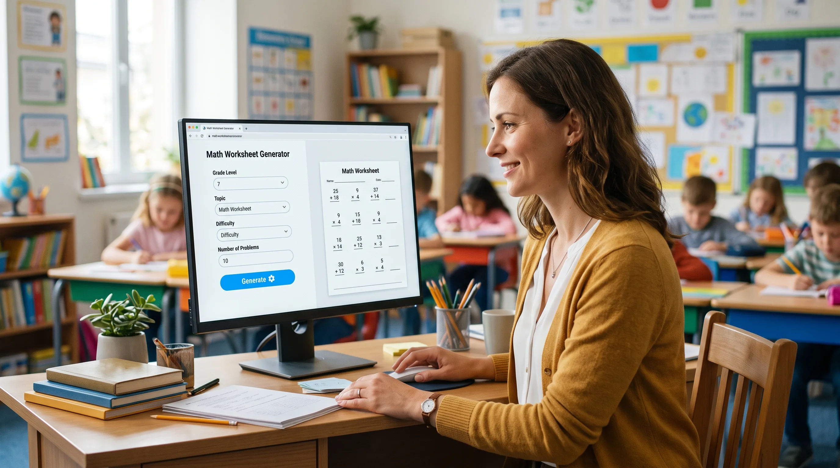 A teacher at her desk using an on-screen math worksheet generator, with young students working in a bright classroom behind her