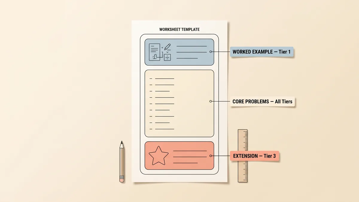 An annotated worksheet template diagram showing three labeled zones — Worked Example for Tier 1, Core Problems for all tiers, and Extension for Tier 3