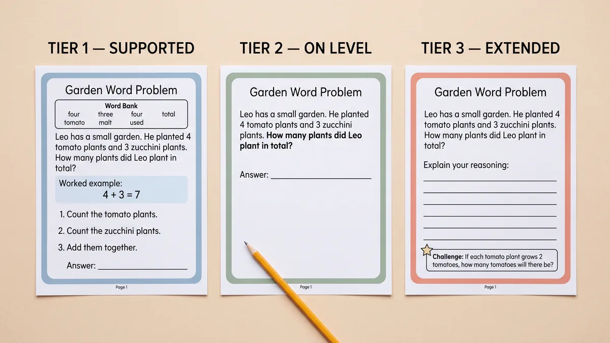 Three versions of the same garden word problem side by side, labeled Tier 1 Supported, Tier 2 On Level, and Tier 3 Extended, showing progressively less scaffolding