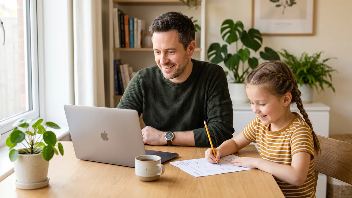 A calm homeschool parent looking at a laptop while their child works engaged on a single worksheet at a tidy desk