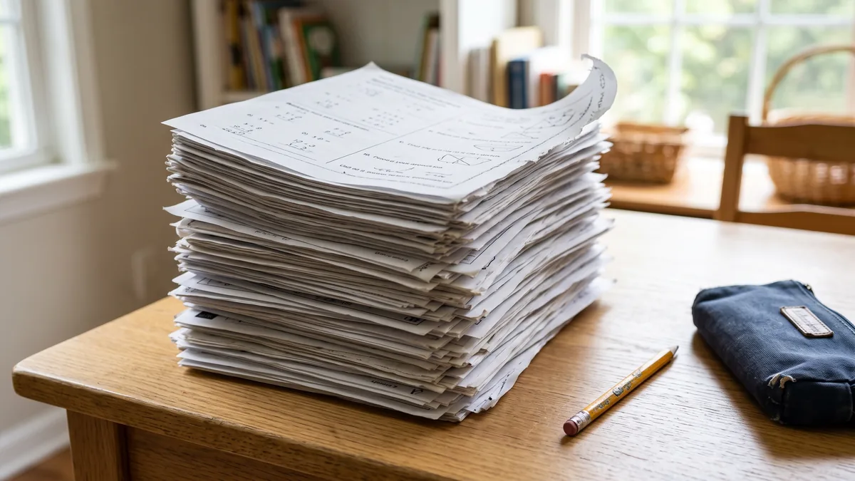 A tall, leaning stack of printed worksheets on a homeschool desk beside a well-used pencil and worn pencil case