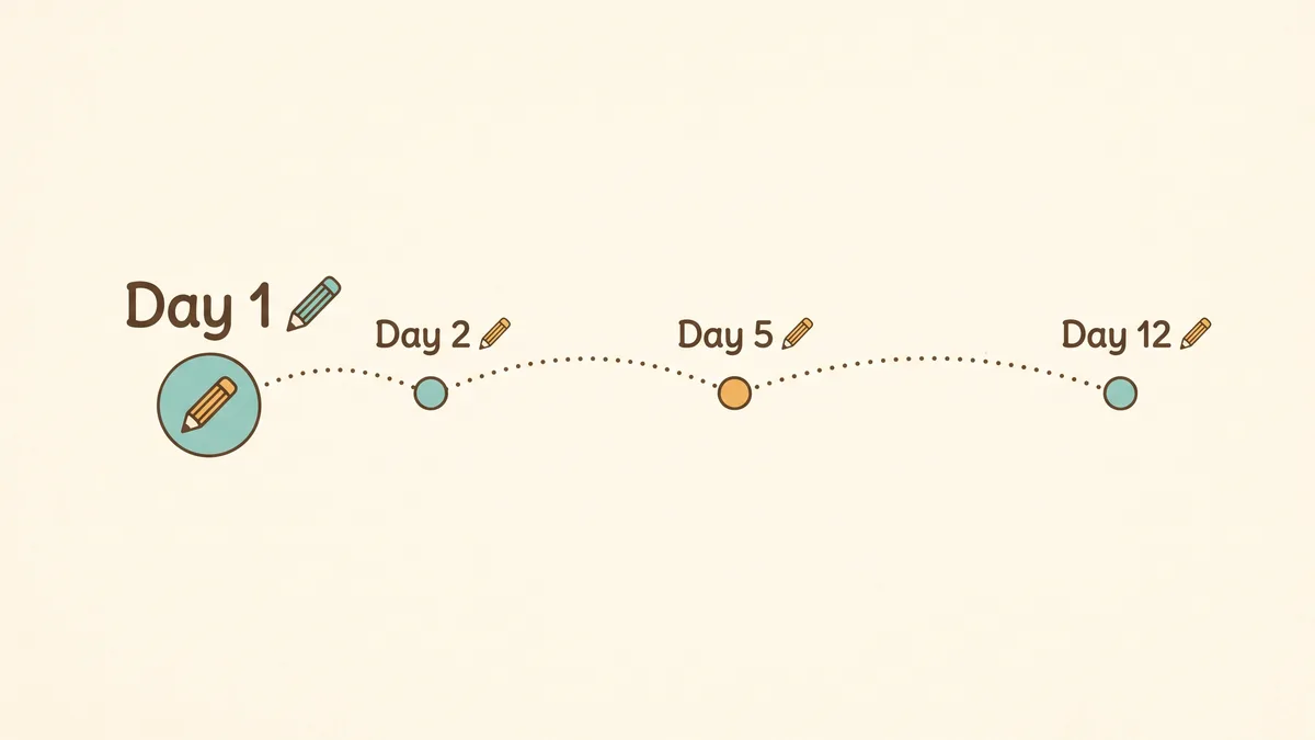 A simple two-week timeline showing how to space out math practice for a new skill across Day 1, Day 2, Day 5, and Day 12