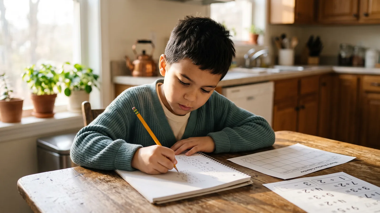 A child writing math problems in a notebook at a kitchen table, with a simple weekly practice calendar visible beside it