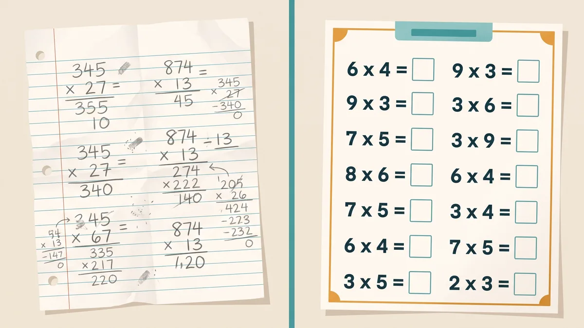A messy handwritten list of math problems beside a clean, neatly printed multiplication worksheet, showing the time savings of generating practice sets