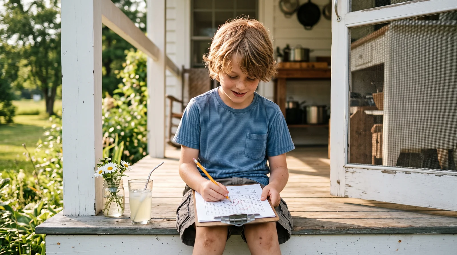 A child doing a fun word puzzle on a sunny porch in summer, lemonade nearby, looking relaxed and engaged