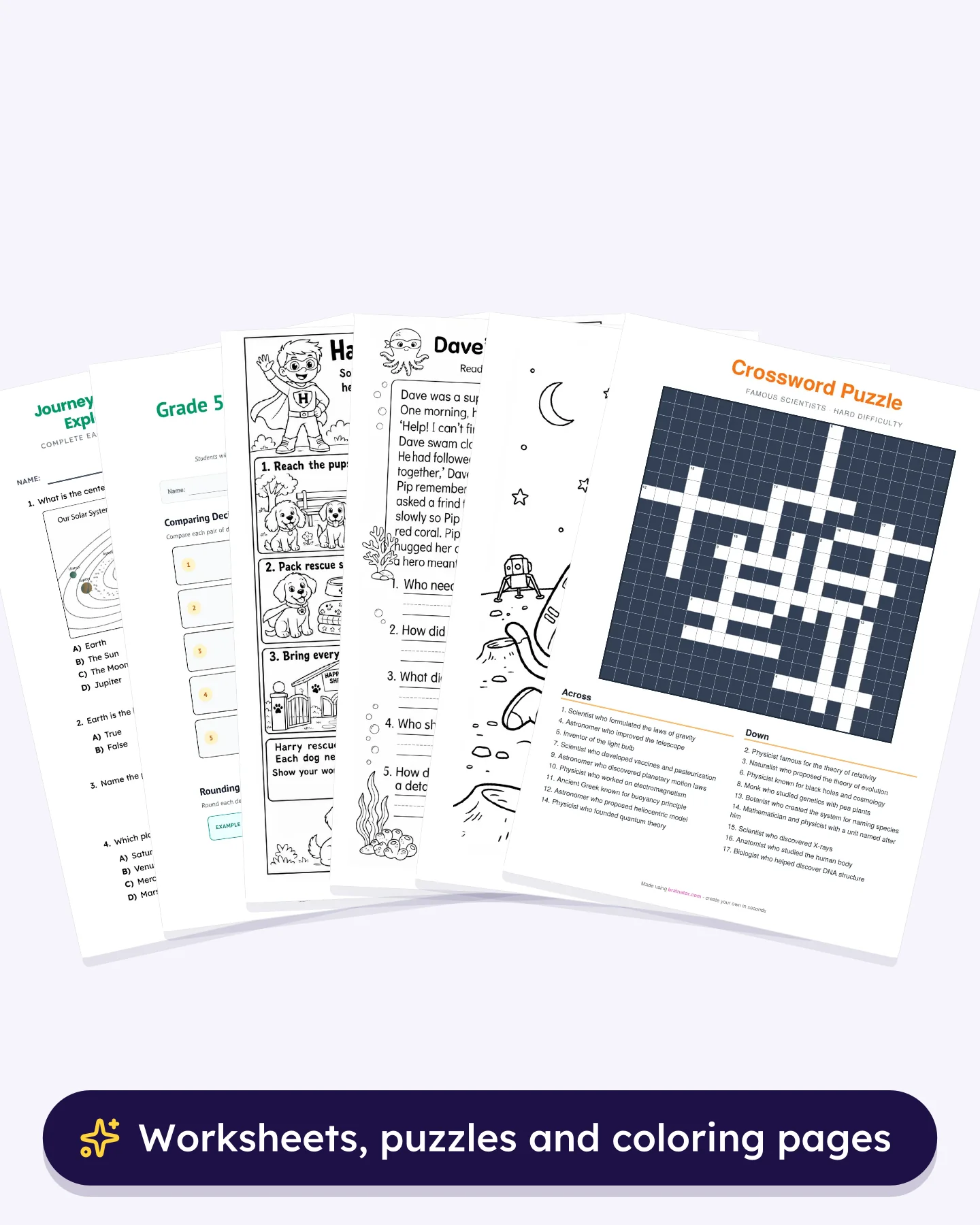 Brainator demo: generating a science worksheet, math worksheets for every grade, a personalized worksheet, a reading passage, a coloring page and puzzles