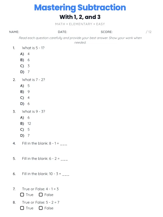 Math Worksheets example 3