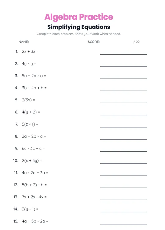 Algebra worksheet from AI math worksheet generator - simplifying expressions for middle school