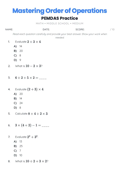 Order of operations PEMDAS worksheet from AI math worksheet generator - 5th grade practice